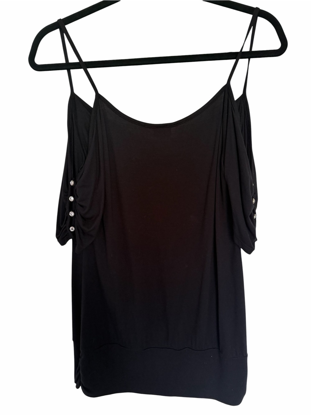 Suzy Shier Black Cold Shoulder Ruched Sleeve Top Size Medium - Picture 2 of 8